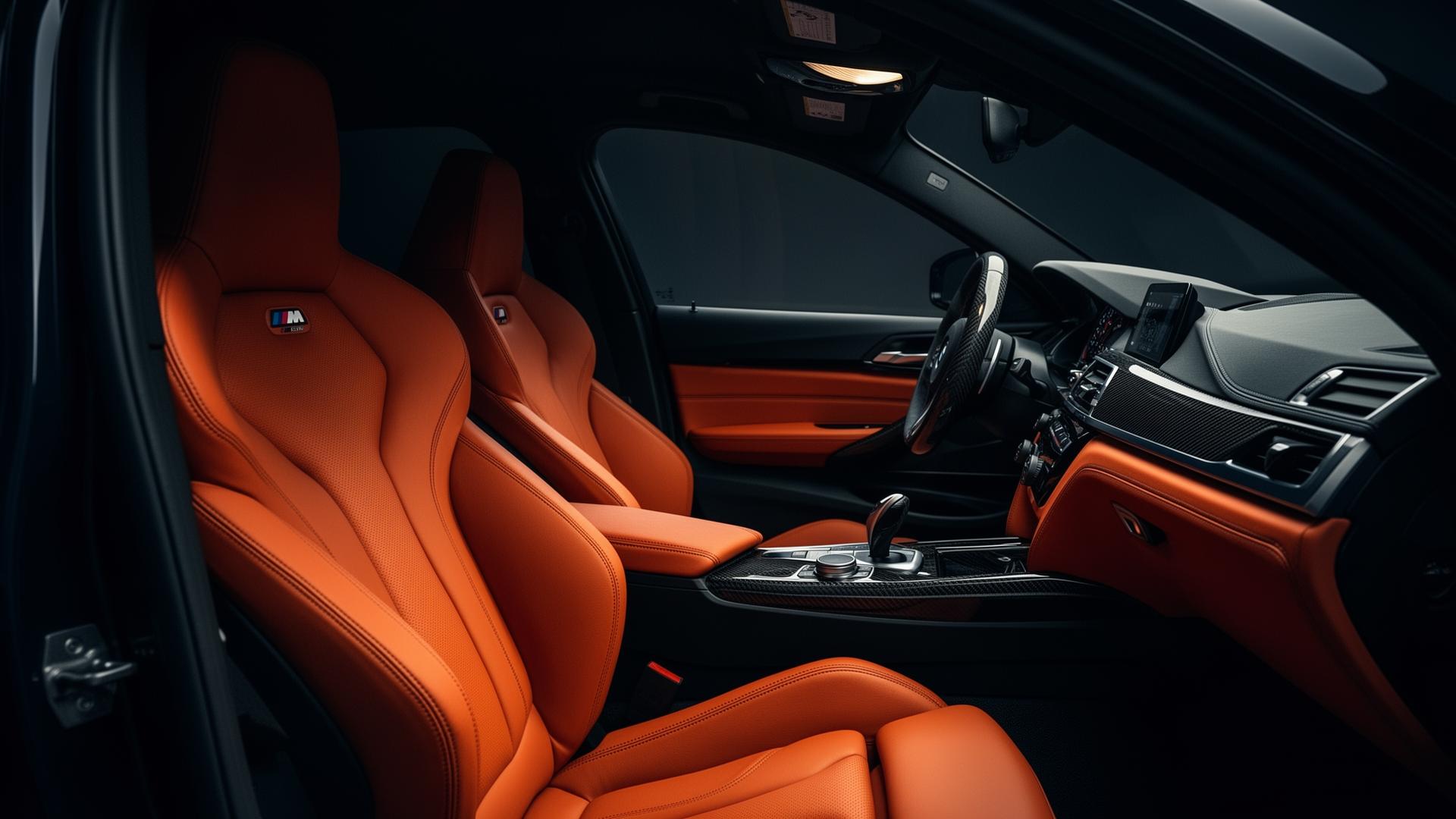 Luxury car interior with orange leather seats